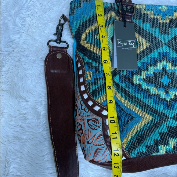 NWT Myra Curation Tote Bag Cotton Leather Turquoise Blue Brown Western Aztec - Picture 3 of 11